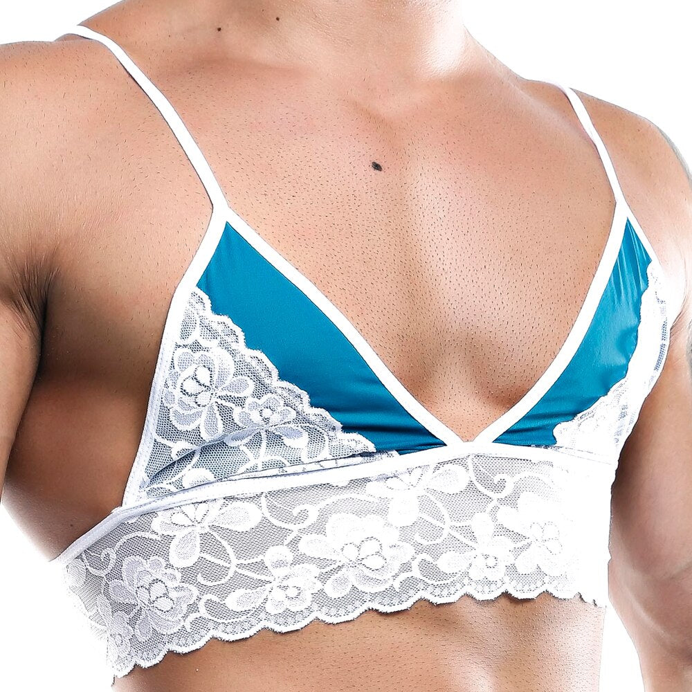 SALE - Mens Roses Spandex Bra Top with Frilled Pico Elastic Trim Male