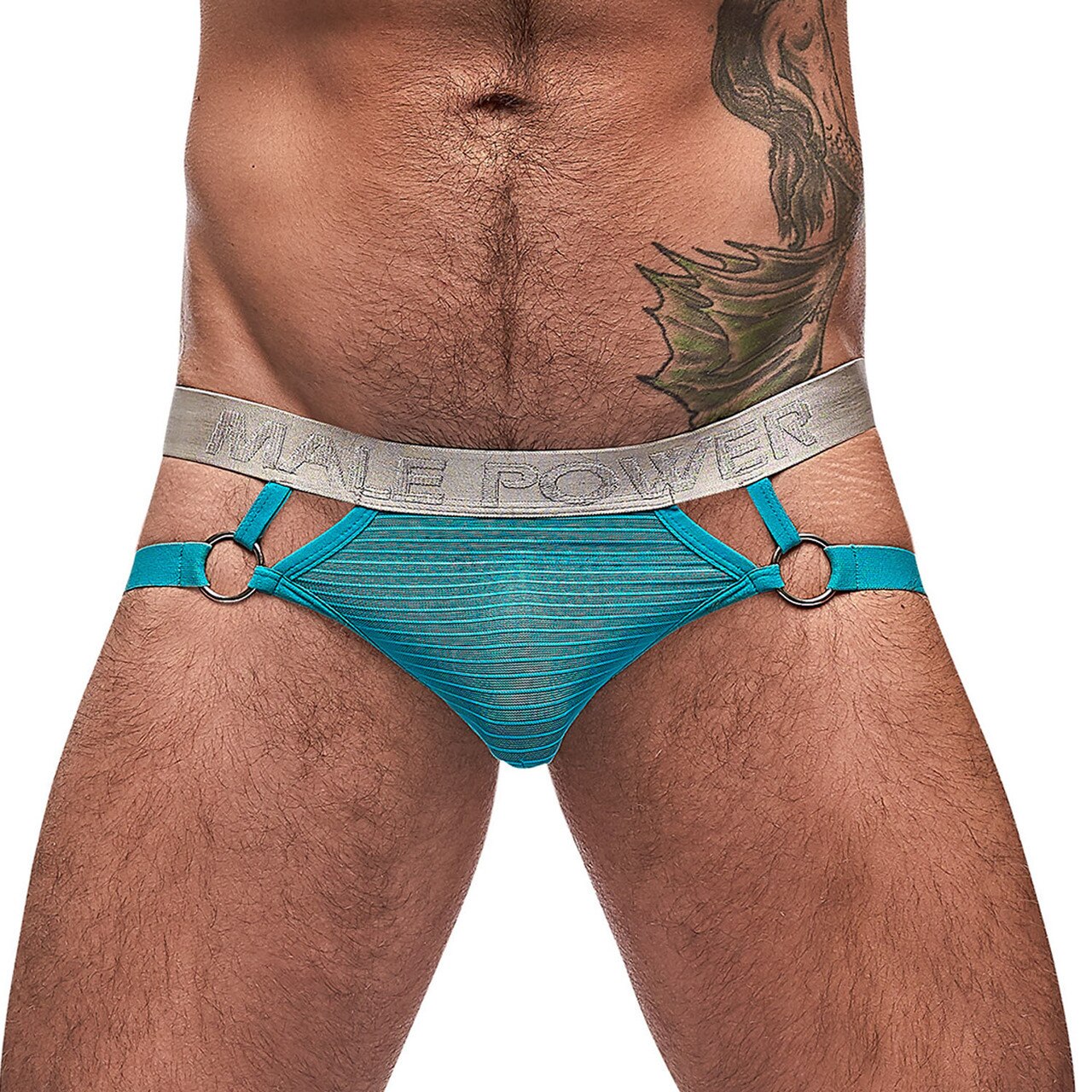 Mens Mesh Rib Jock Strap with Rings Aqua