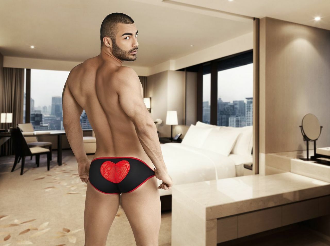 Mens Candyman Heart Butt Bikini Brief Black and Red