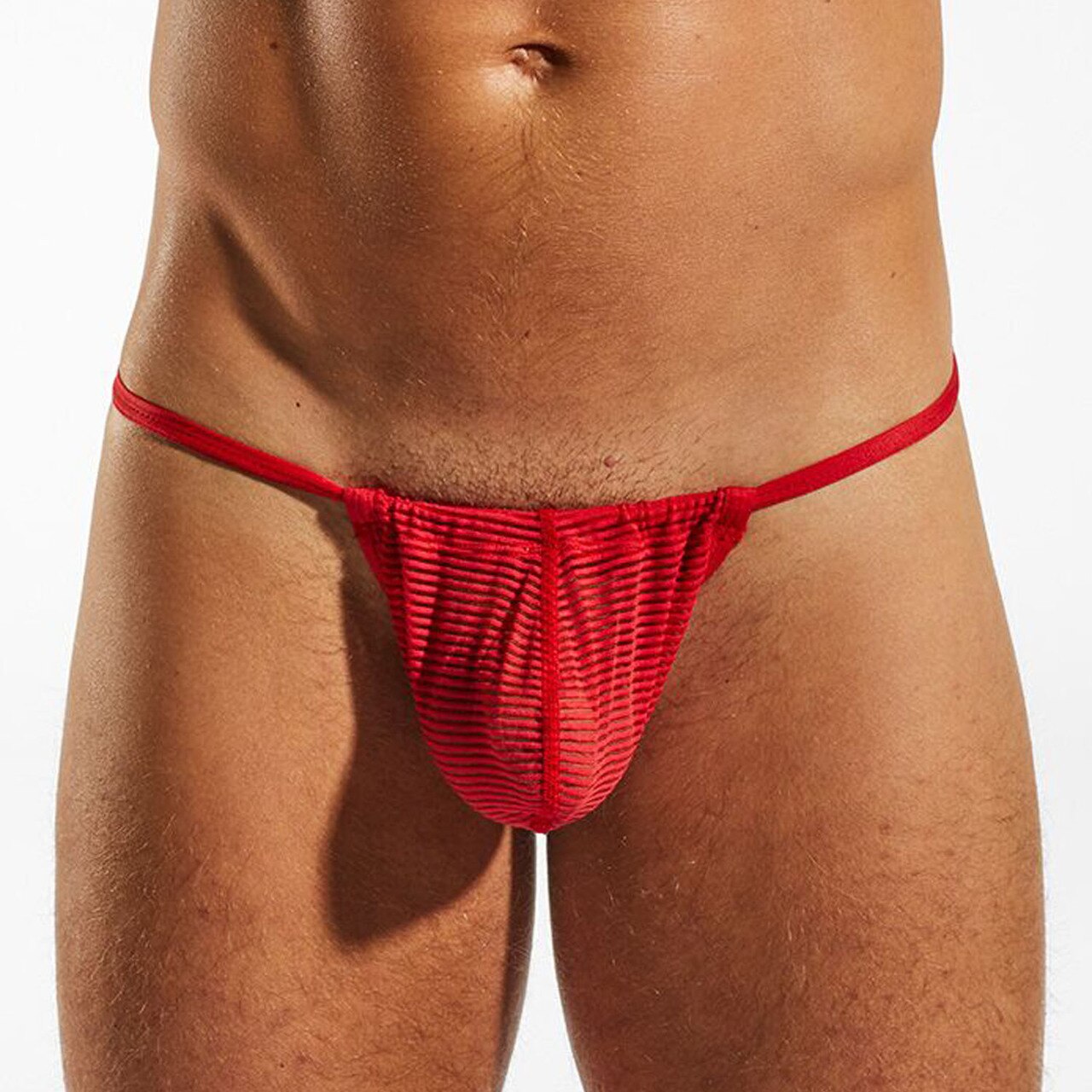 Mens Cocksox Sheer Multi Striped Slingshot Pouch G string Cupid Red