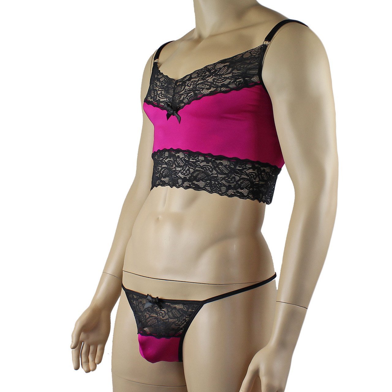 Mens Glamour Camisole Top and Pouch G string with Lace Trim - Sizes up to 3XL (raspberry & black plus other colours)