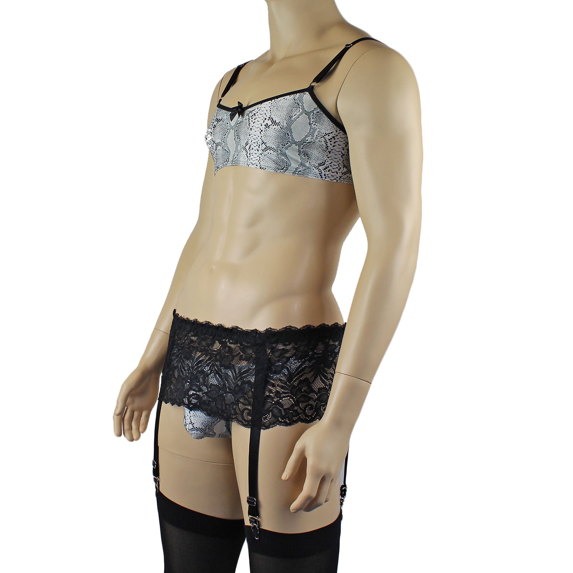 Mens Grey Snake Print & Black Lace Mens Bra Top, Thong, Garter & Stockings