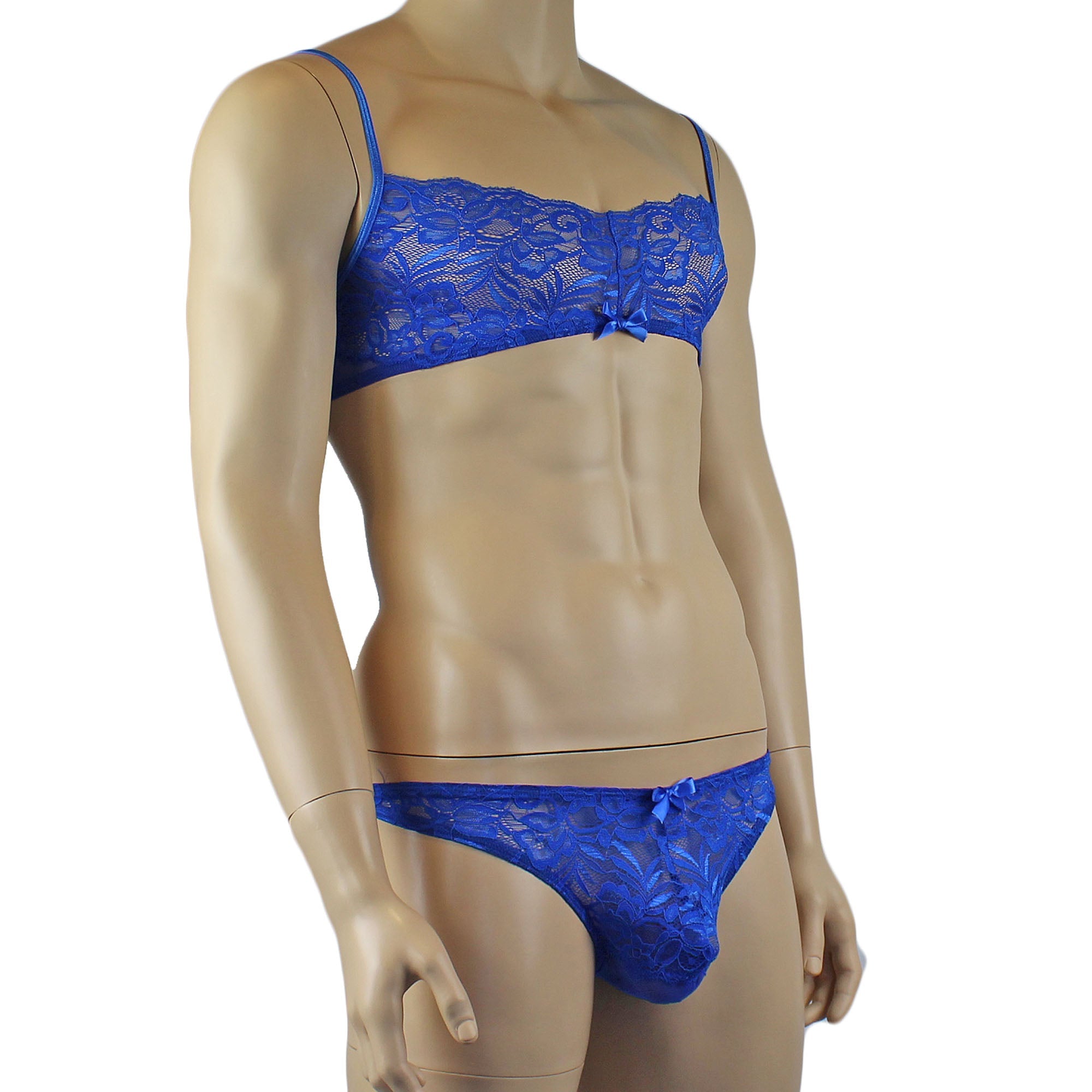 Mens Kristy Lace & Mesh Bra Top and Thong Panty Blue