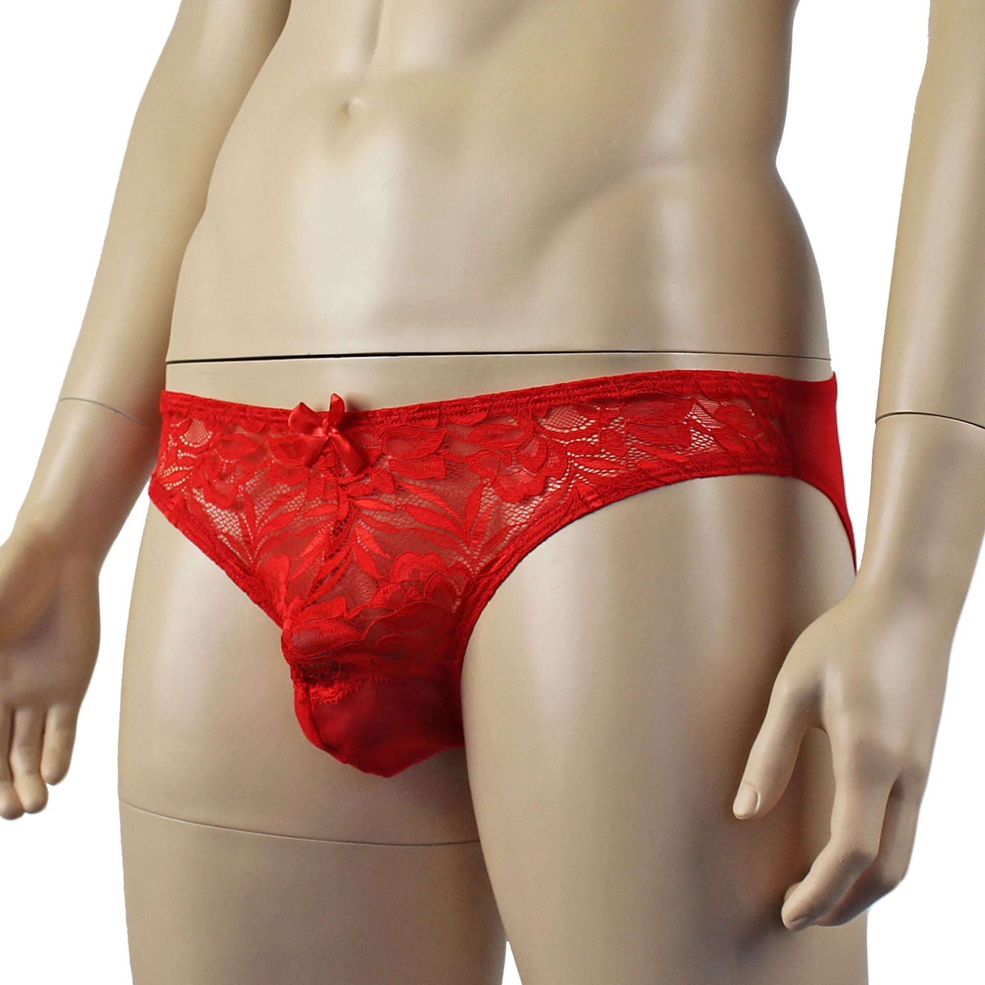 SALE - Mens Kristy Sexy Lace Bikini Brief Panties with See through Back Red