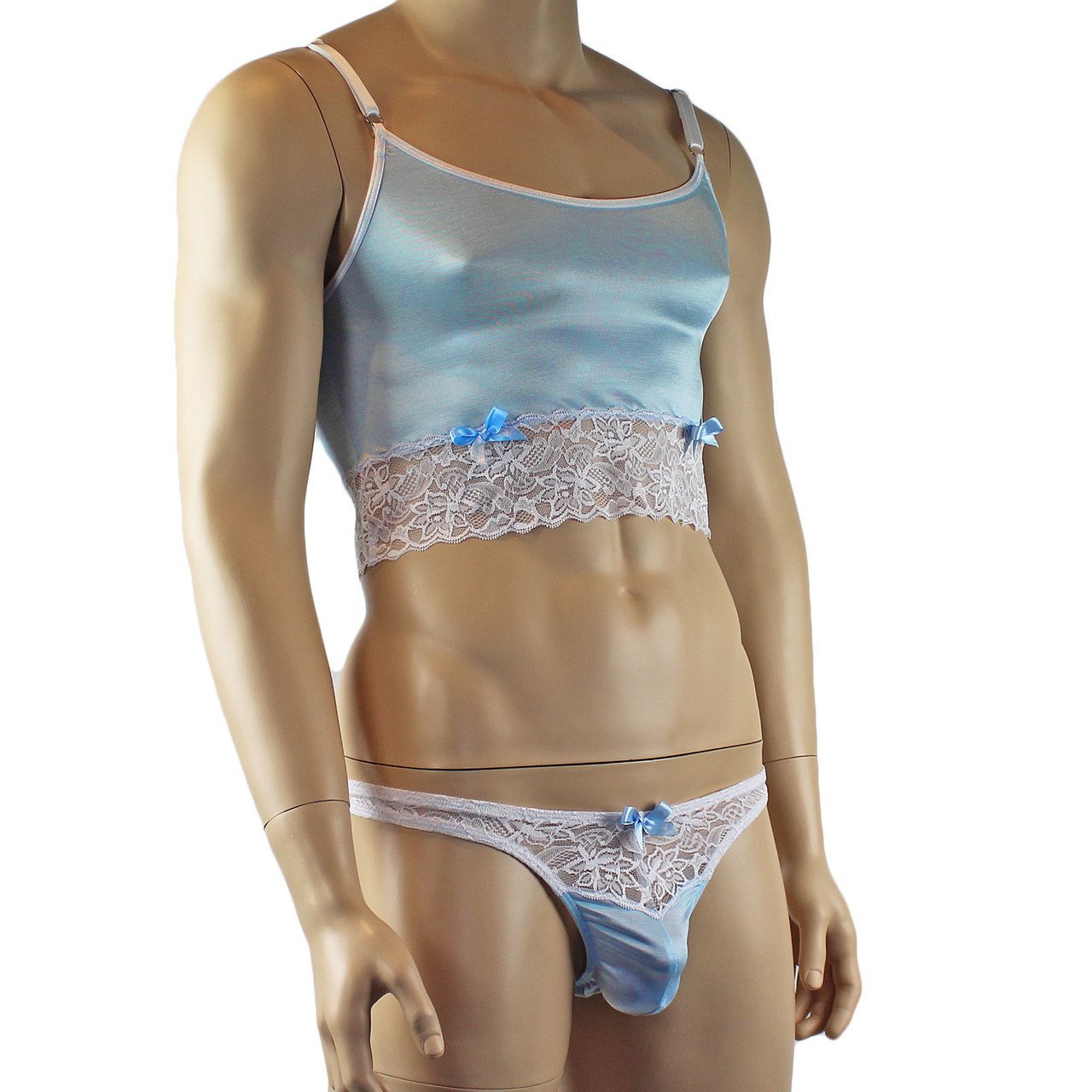 Mens Satin & Lace Crop Cami Top with Sexy Thong (light blue plus other colours)