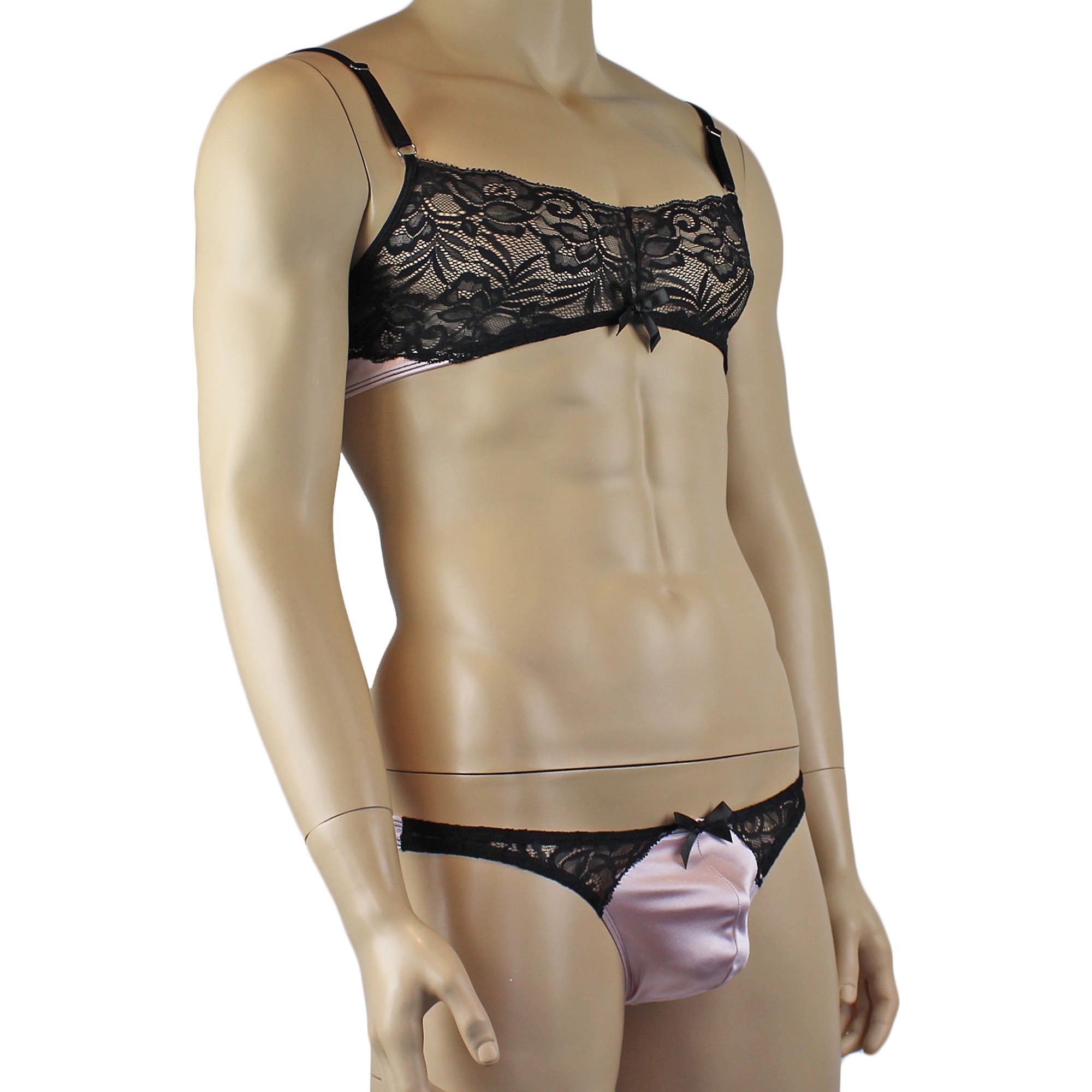 Mens Risque Bra Top and Thong Light Pink and Black Lace