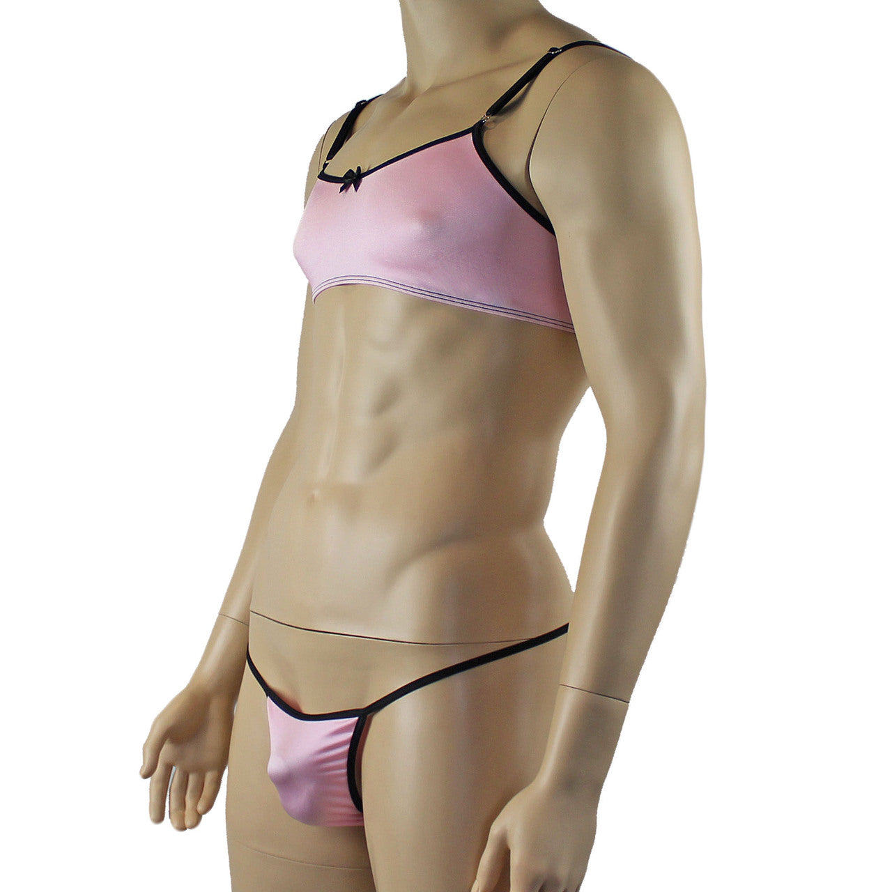 Mens Lingerie Twinkle Spandex Bra & G string with Bow, Light Pink & Black